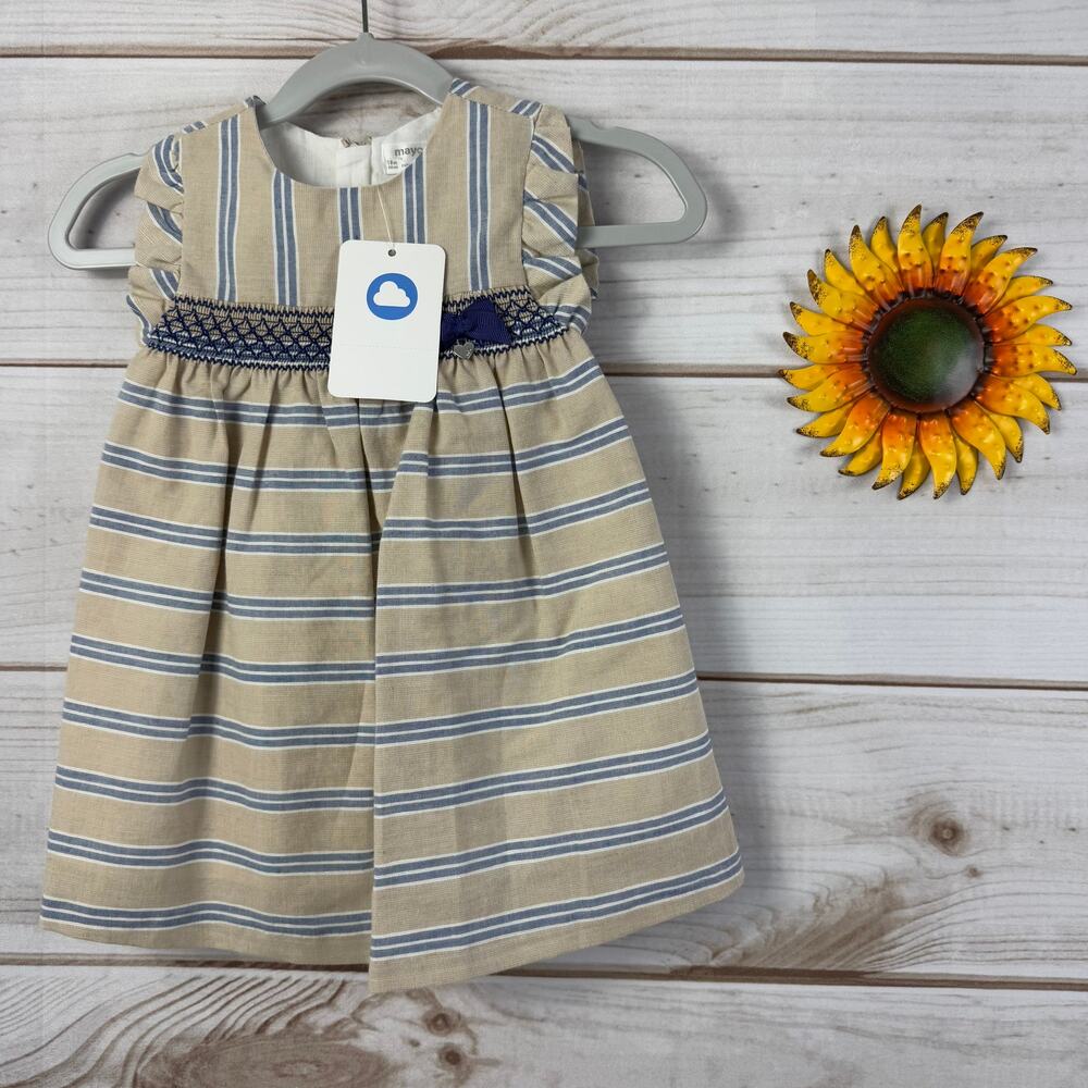 Mayoral Baby Girl Dress 18M Striped Linen Sleeveless‎ Blue Beige